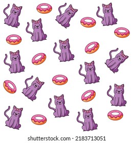 Cute kawaii cate and donut vector background art. 