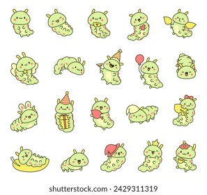 Cute kawaii caterpillar. Cartoon little insect characters. Hand drawn style. Vector drawing. Collection of design elements.