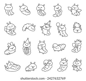 Cute kawaii caterpillar. Coloring Page. Cartoon little insect characters. Hand drawn style. Vector drawing. Collection of design elements.