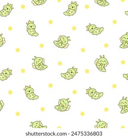 Cute kawaii caterpillar. Seamless pattern. Cartoon little insect characters. Hand drawn style. Vector drawing. Design ornaments.