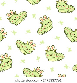 Cute kawaii caterpillar. Seamless pattern. Cartoon little insect characters. Hand drawn style. Vector drawing. Design ornaments.