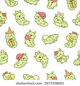 Cute kawaii caterpillar. Seamless pattern. Cartoon little insect characters. Hand drawn style. Vector drawing. Design ornaments.