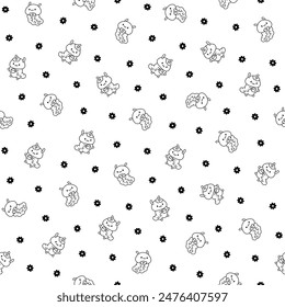 Cute kawaii caterpillar. Seamless pattern. Coloring Page. Cartoon little insect characters. Hand drawn style. Vector drawing. Design ornaments.