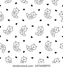 Cute kawaii caterpillar. Seamless pattern. Coloring Page. Cartoon little insect characters. Hand drawn style. Vector drawing. Design ornaments.