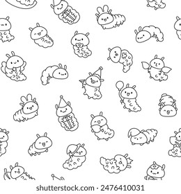 Cute kawaii caterpillar. Seamless pattern. Coloring Page. Cartoon little insect characters. Hand drawn style. Vector drawing. Design ornaments.