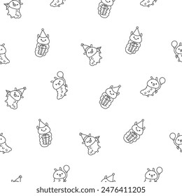 Cute kawaii caterpillar. Seamless pattern. Coloring Page. Cartoon little insect characters. Hand drawn style. Vector drawing. Design ornaments.