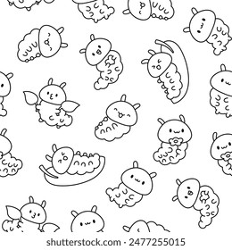 Cute kawaii caterpillar. Seamless pattern. Coloring Page. Cartoon little insect characters. Hand drawn style. Vector drawing. Design ornaments.