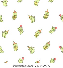 Cute kawaii caterpillar. Seamless pattern. Cartoon little insect characters. Hand drawn style. Vector drawing. Design ornaments.