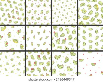 Cute kawaii caterpillar. Seamless pattern. Cartoon little insect characters. Hand drawn style. Vector drawing. Collection of design ornaments.