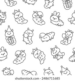 Cute kawaii caterpillar. Seamless pattern. Coloring Page. Cartoon little insect characters. Hand drawn style. Vector drawing. Design ornaments.