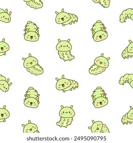 Cute kawaii caterpillar. Seamless pattern. Cartoon little insect characters. Hand drawn style. Vector drawing. Design ornaments.