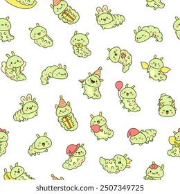 Cute kawaii caterpillar. Seamless pattern. Cartoon little insect characters. Hand drawn style. Vector drawing. Design ornaments.