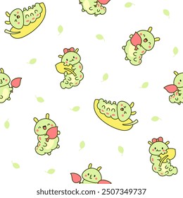 Cute kawaii caterpillar. Seamless pattern. Cartoon little insect characters. Hand drawn style. Vector drawing. Design ornaments.