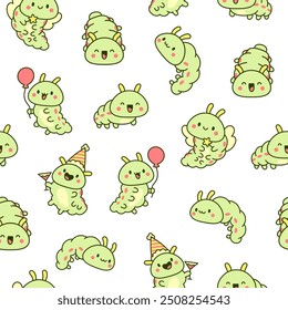 Cute kawaii caterpillar. Seamless pattern. Cartoon little insect characters. Hand drawn style. Vector drawing. Design ornaments.