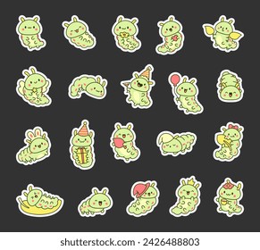 Cute kawaii caterpillar. Sticker Bookmark. Cartoon little insect characters. Hand drawn style. Vector drawing. Collection of design elements.