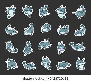 Cute kawaii catfish in different poses. Sticker Bookmark. Funny cartoon aquatic animal character. Hand drawn style. Vector drawing. Collection of design elements.