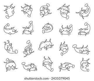 Cute kawaii catfish in different poses. Coloring Page. Funny cartoon aquatic animal character. Hand drawn style. Vector drawing. Collection of design elements.