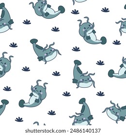 Cute kawaii catfish in different poses. Seamless pattern. Funny cartoon aquatic animal character. Hand drawn style. Vector drawing. Design ornaments.