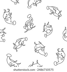 Cute kawaii catfish in different poses. Seamless pattern. Coloring Page. Funny cartoon aquatic animal character. Hand drawn style. Vector drawing. Design ornaments.