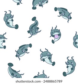 Cute kawaii catfish in different poses. Seamless pattern. Funny cartoon aquatic animal character. Hand drawn style. Vector drawing. Design ornaments.