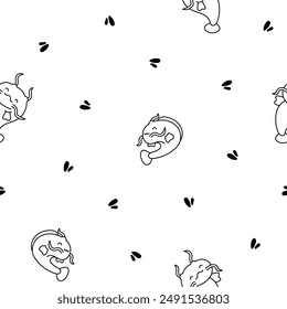 Cute kawaii catfish in different poses. Seamless pattern. Coloring Page. Funny cartoon aquatic animal character. Hand drawn style. Vector drawing. Design ornaments.