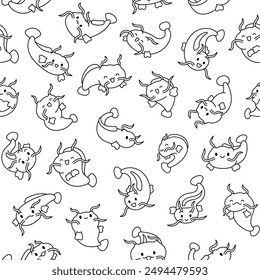 Cute kawaii catfish in different poses. Seamless pattern. Coloring Page. Funny cartoon aquatic animal character. Hand drawn style. Vector drawing. Design ornaments.