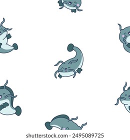 Cute kawaii catfish in different poses. Seamless pattern. Funny cartoon aquatic animal character. Hand drawn style. Vector drawing. Design ornaments.