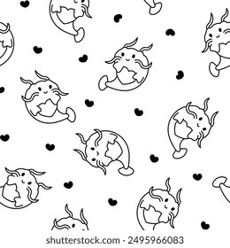 Cute kawaii catfish in different poses. Seamless pattern. Coloring Page. Funny cartoon aquatic animal character. Hand drawn style. Vector drawing. Design ornaments.