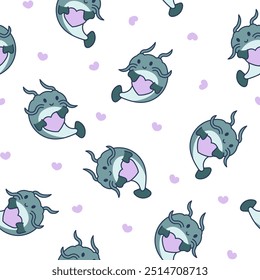 Cute kawaii catfish in different poses. Seamless pattern. Funny cartoon aquatic animal character. Hand drawn style. Vector drawing. Design ornaments.