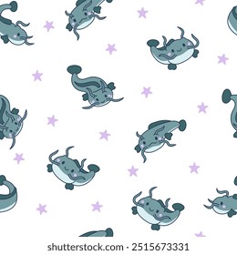 Cute kawaii catfish in different poses. Seamless pattern. Funny cartoon aquatic animal character. Hand drawn style. Vector drawing. Design ornaments.