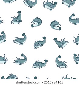 Cute kawaii catfish in different poses. Seamless pattern. Funny cartoon aquatic animal character. Hand drawn style. Vector drawing. Design ornaments.