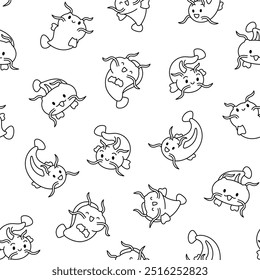 Cute kawaii catfish in different poses. Seamless pattern. Coloring Page. Funny cartoon aquatic animal character. Hand drawn style. Vector drawing. Design ornaments.