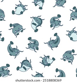 Cute kawaii catfish in different poses. Seamless pattern. Funny cartoon aquatic animal character. Hand drawn style. Vector drawing. Design ornaments.