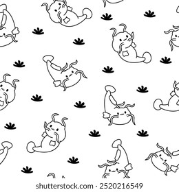 Cute kawaii catfish in different poses. Seamless pattern. Coloring Page. Funny cartoon aquatic animal character. Hand drawn style. Vector drawing. Design ornaments.