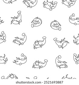 Cute kawaii catfish in different poses. Seamless pattern. Coloring Page. Funny cartoon aquatic animal character. Hand drawn style. Vector drawing. Design ornaments.