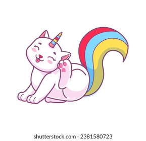 Cute kawaii caticorn, happy kitten scratching ear by paw, vector happy cat with rainbow tail, cartoon fantasy animal