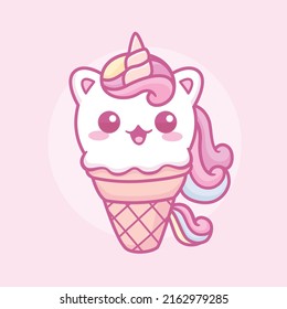 Cute kawaii caticorn ice cream cone cartoon illustration svg