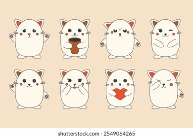 Lindos gatos kawaii. Dibujos animados de personajes gatitos divertidos, siluetas adorables con caras tristes y felices para pegatinas, textiles, carteles. Vector infantil doodle set.