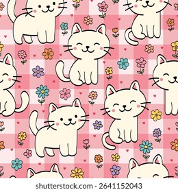 Cute Kawaii Cats and Flowers on pink Gingham Seamless Pattern. Perfect for Sleepwear, Clothing, Wallpaper, Wrapping Paper, Stationery, and Fabric