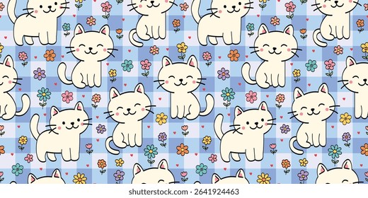 Cute Kawaii Cats and Flowers on blue Gingham Seamless Pattern. Perfect for Sleepwear, Clothing, Wallpaper, Wrapping Paper, Stationery, and Fabric. sstkBackgrounds