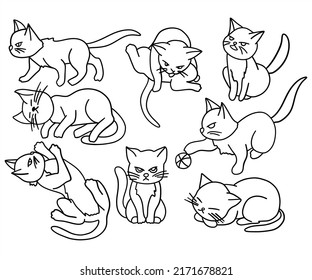 Cute Kawaii  Cats  in funny poses - vector.  White cats for print or sticker design. Adorable kawaii animals on white background