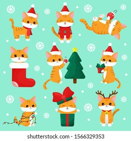 Cute kawaii cats with gifts, Christmas tree, garland, dressed up deer and sweater. Cartoon vector character. Happy New Year stickers.