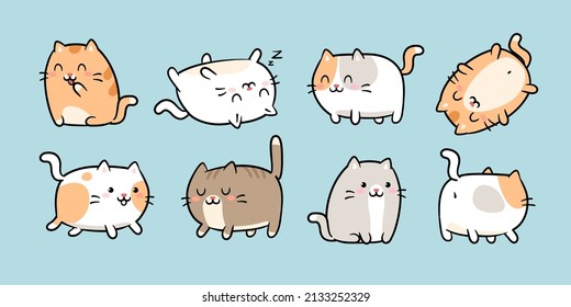 Cute Kawaii Cats or kittens in funny poses - isolated vector. Funny cartoon fat cats for print or sticker design. Adorable kawaii animals