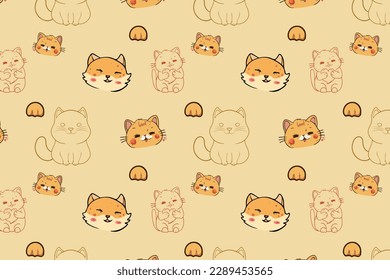 Cute Kawaii Cats or kittens in funny poses vector seamless pattern. Funny cartoon fat cats for print or sticker design. 