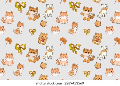 Cute Kawaii Cats or kittens in funny poses vector seamless pattern. Funny cartoon fat cats for print or sticker design. 