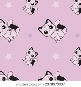 Cute Kawaii Cats or Kittens in Funny Poses - Seamless Vector Pattern. Cartoon Kitties for Printed or Sticker Design. 