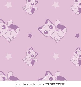 Cute Kawaii Cats or Kittens in Funny Poses - Seamless Vector Pattern. Cartoon Kitties for Printed or Sticker Design. 