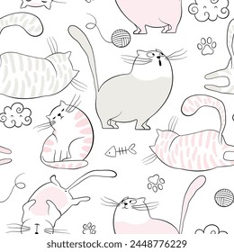 Cute Kawaii Cats or kittens in funny poses - vector seamless pattern. Funny cartoon fat cats for print or sticker design