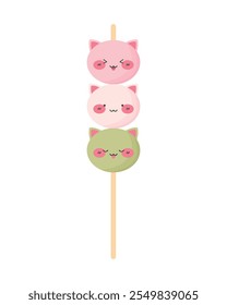 Cute kawaii cats on dango stick. Mochi Hanami dango Japanese sweet rice cake dessert. Vector illustration