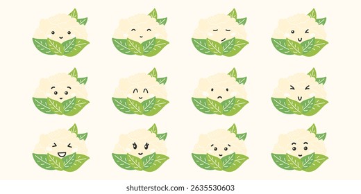 Cute kawaii cauliflower vector stickers with funny faces and emotions: happy, sad, angry, surprised. Flat characters for kids, education, and healthy eating designs